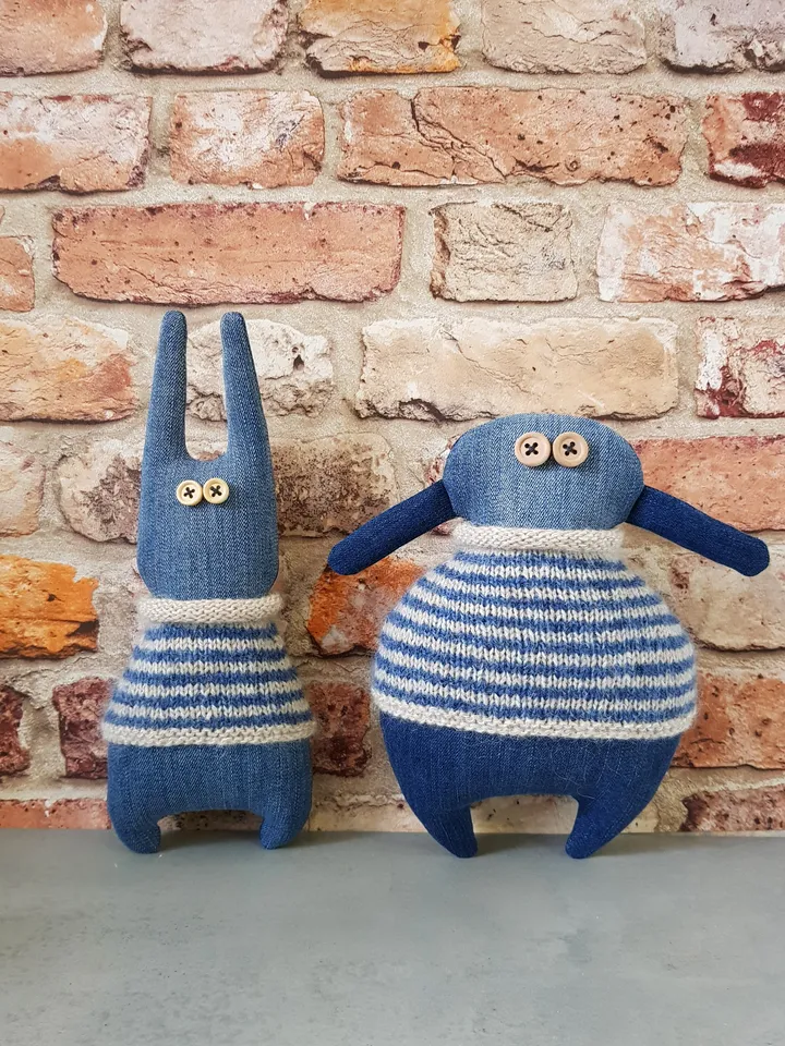 Rabbit sewing and knitted patterns PDF digital tutorial, denim Rabbit in striped sweater