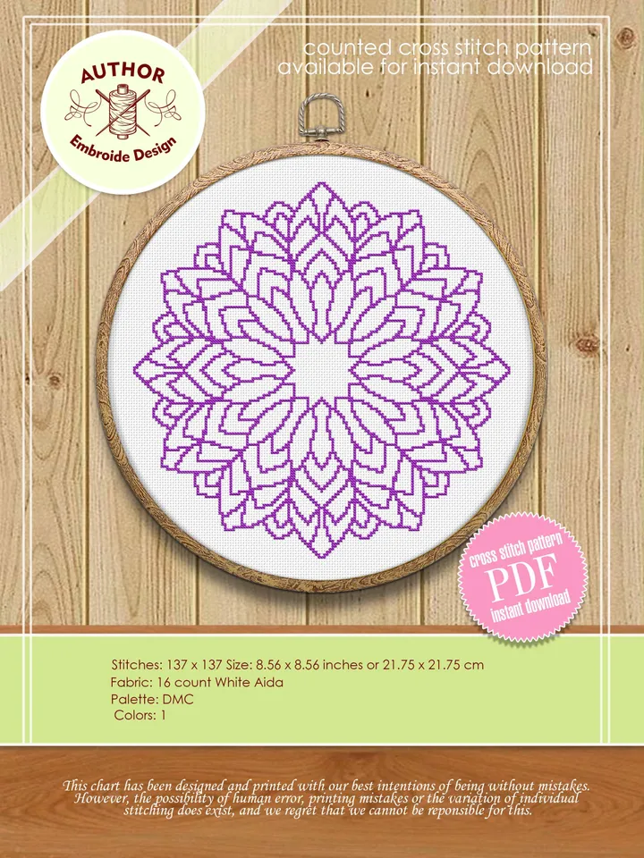 Mandala cross stitch pattern download PDF Simple mandala pattern digital PDF Monochrome cross stitch chart Quick cross stitch sampler #M81