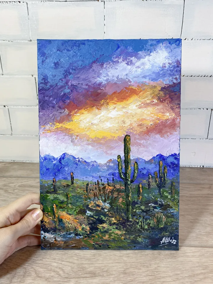 Desert landscape Acrylic painting Sunset sky art Arizona painting Saguaro cactus art Impasto painting
