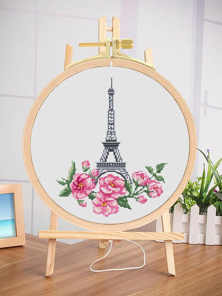 Eiffel Tower cross stitch pattern PDF download Sakura flowers cross stitch Spring beginner stitch Modern France embroidery Paris decor #E3