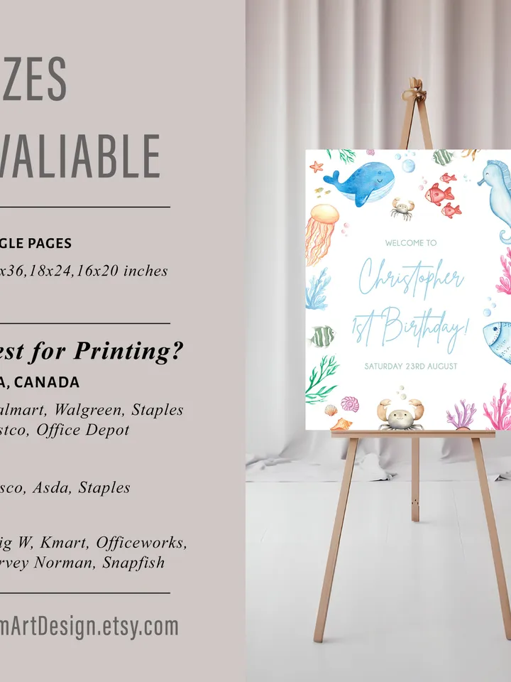 Under the Sea Welcome Sign Printable, Oneder the Sea 1st Birthday Welcome Sign Girl, Ocean Animals Birthday Welcome Sign Blue Purple I107
