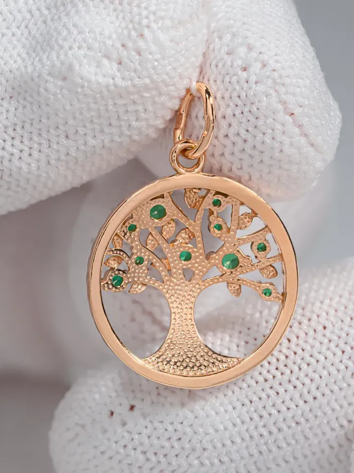 Pendant silver 925 on the neck, gold 585 coating, tree of life, with nano emerald