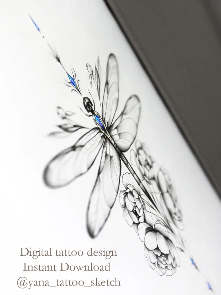 Dragonfly Tattoo Design Flowers And Dragonfly Tattoo Idea Stencil Sketch, Instant download PDF, JPG