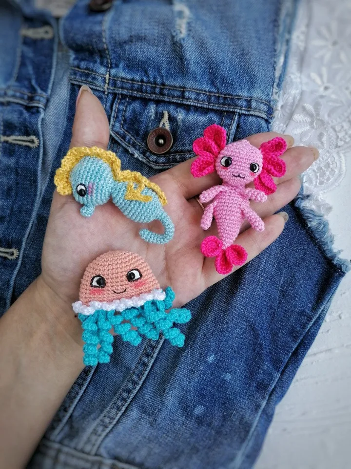 PDF Crochet Sea Brooches SET Pattern: Axolotl Seahorse Jellyfish Crochet Animal Pattern Small Crochet Pattern Brooch Amigurumi Easy Pattern