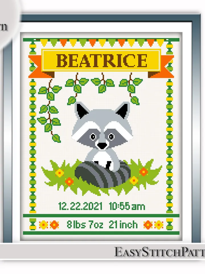 Baby Birth Announcement. Raccoon Cross Stitch Pattern. Baby Record Cross Stitch Pattern. DIY. Customizable New Baby.