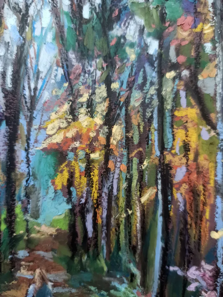 Original graphics, Forest autumn landscape, Girl walking in the forest, Nature,Oil pastel drawing on A4 craft paper.