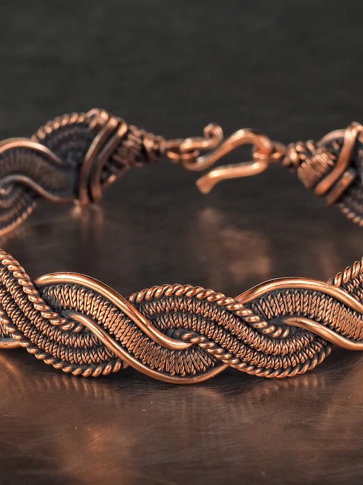 Unique copper wire wrapped bracelet for him or her 7th 22nd Wedding Anniversary gift idea Unique pure copper wire wrapped jewelry Antique style Handmade statement artisan jewellery Healing copper therapy bracelet bangle arthritis pain relief Wearable art