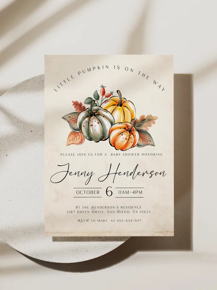 Little Pumpkin is on the way; Editable Autumn Pumpkin Baby Shower Invitation Template Canva; Fall 2022 Autumn Watercolor Pumpkin Invitation