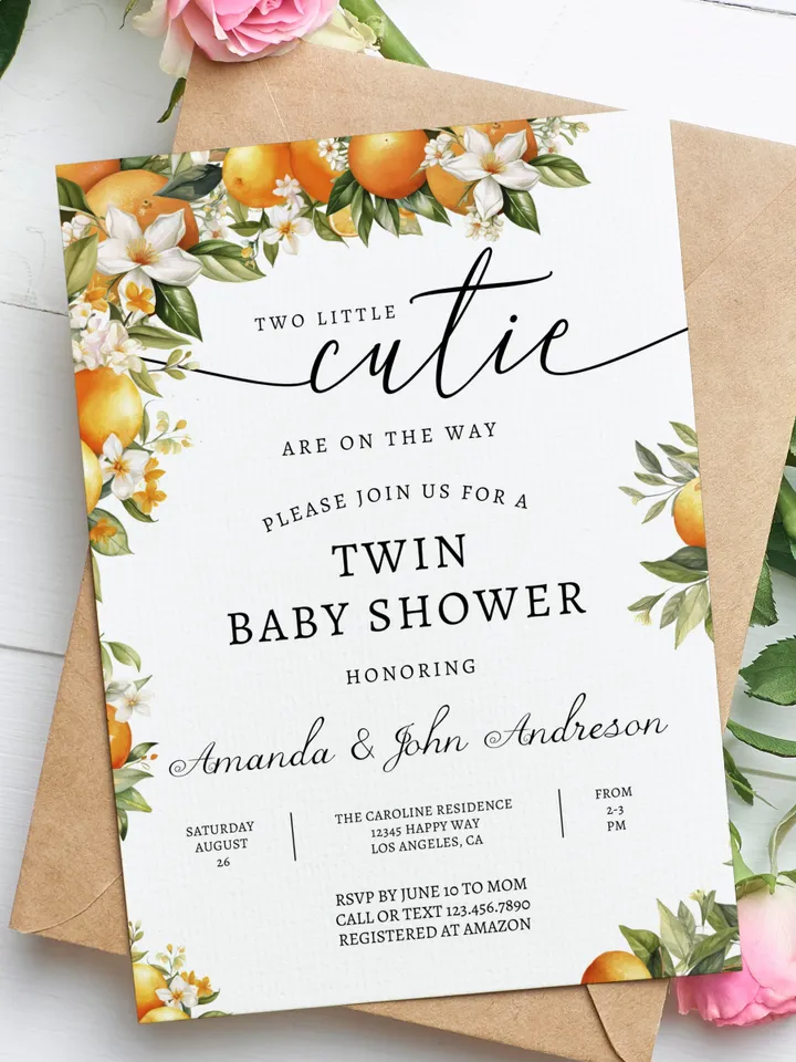 Two Little Cuties Are On The Way Baby Shower Invitation, Clementine Shower Invite, Orange Baby Shower, Twin Baby Shower Invite - I104