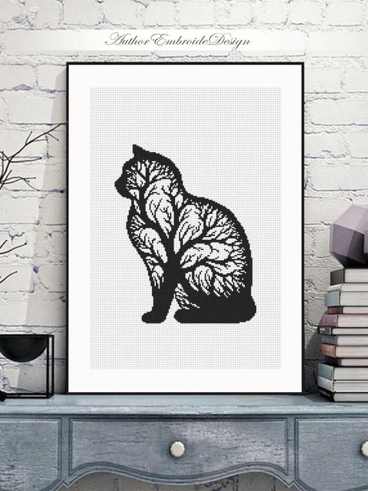 Cat tree silhouette cross stitch pattern PDF download Cat cross stitch chart, Simple pattern digital PDF for beginner, Tree of life cat #K55