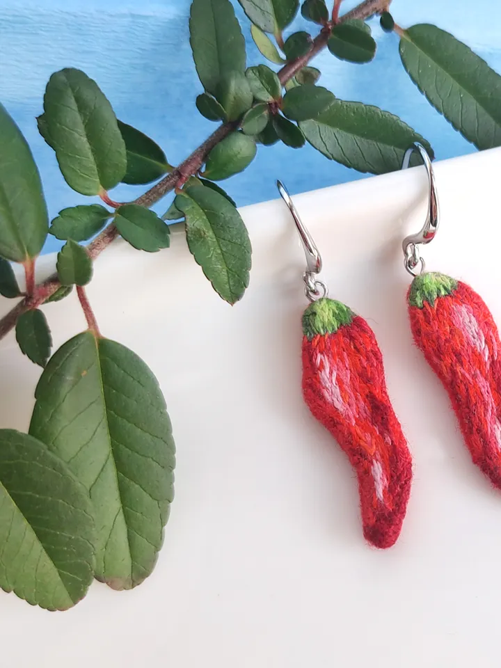 Embroidered Chili Pepper Earrings, Unique Handmade Chili Jewelry, Statement Earrings, Quirky Jewelry Accessory, Original Gift for Her