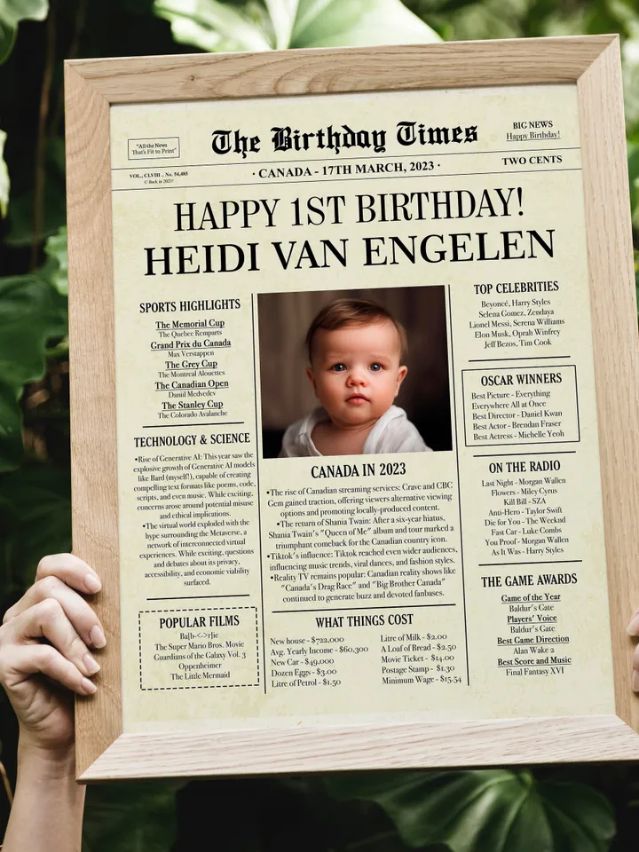 First Birthday Gift, 1st Birthday Newspaper, Baby First Birthday Gift, Back in 2024 Canada birthday poster, one year old girl or boy gift