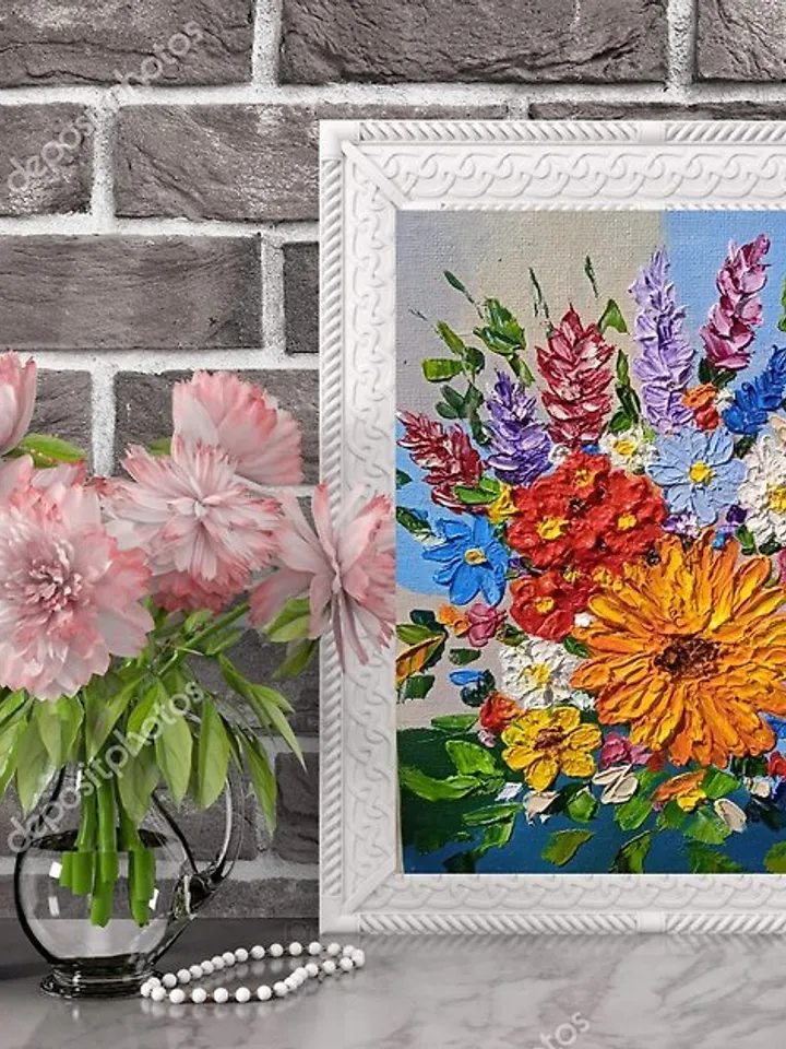 Oil Painting Bright Flowers Chamomile Sunflowers Impasto Art Miniature 15x20 cm
