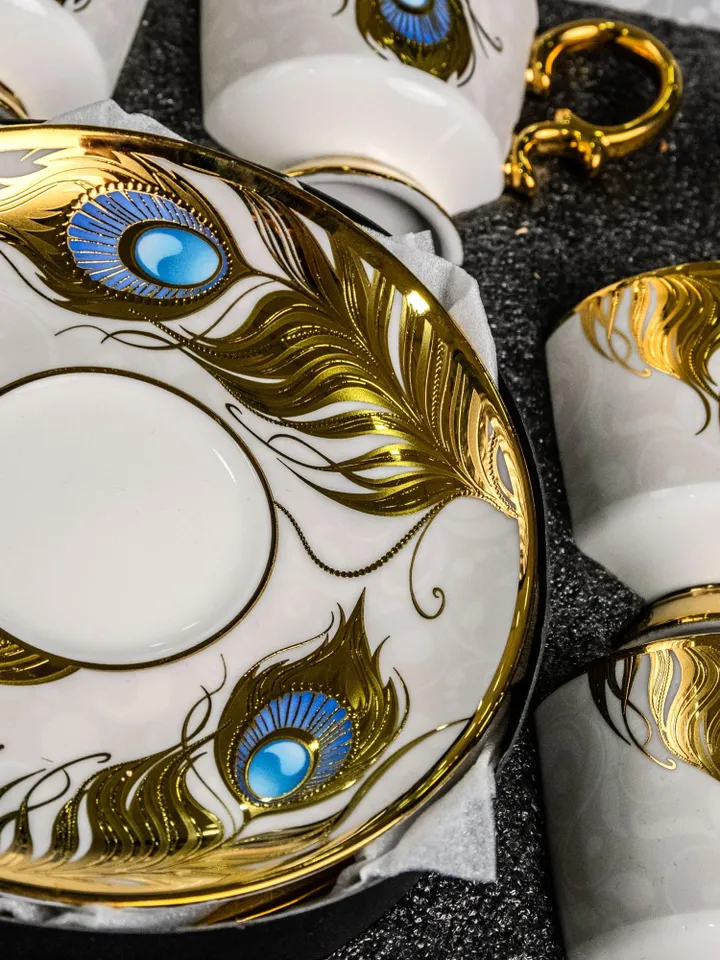 14K Gold Powder Peacock Porcelain Tea Cups And Saucers | Tea Cups Saucers Set | Gold Porcelain Set | Elegant Teaware | Gift For Tea Lovers