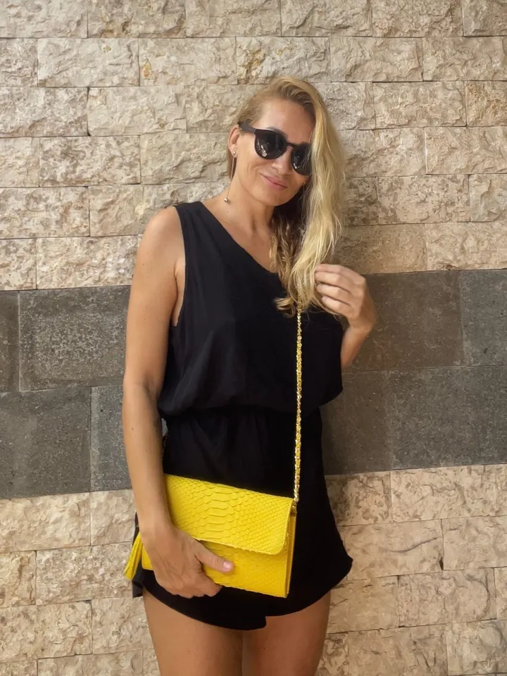 Genuine python skin classy yellow flat clutch with shoulder chain | elegant evening women purse | designer leather bags | small snake bag