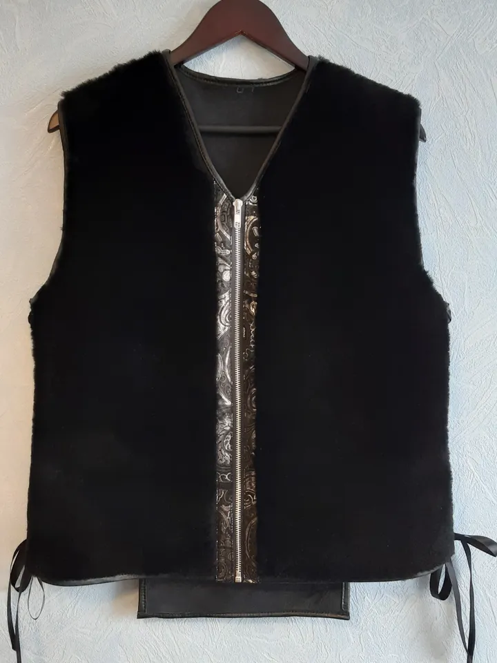 Vest Sleeveless of genuine fur sheepskin black color. Handmade Fall warm lacing waistcoat by Sofalee