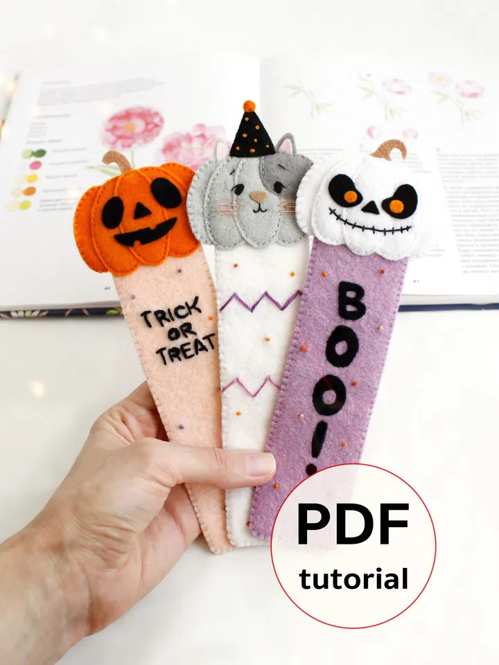 Felt spooky Halloween pumpkins bookmarks hand sewing PDF tutorial with patterns. DIY Halloween ornament. Books lover gift. DIY teacher present. Felt school supplies