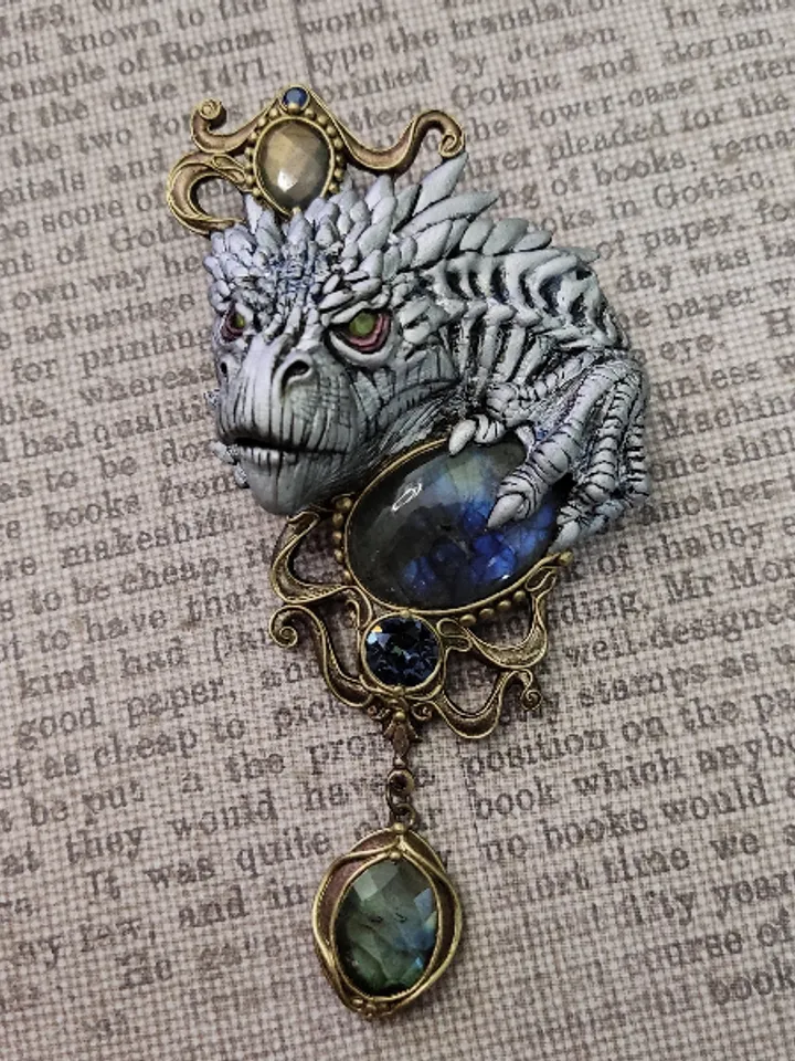 Brooch White Dragon, Dragon, Brooch with stones, unique brooch