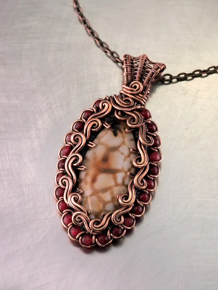 Natural agate and garnet pendant Copper wire wrapped necklace Wire art jewelry