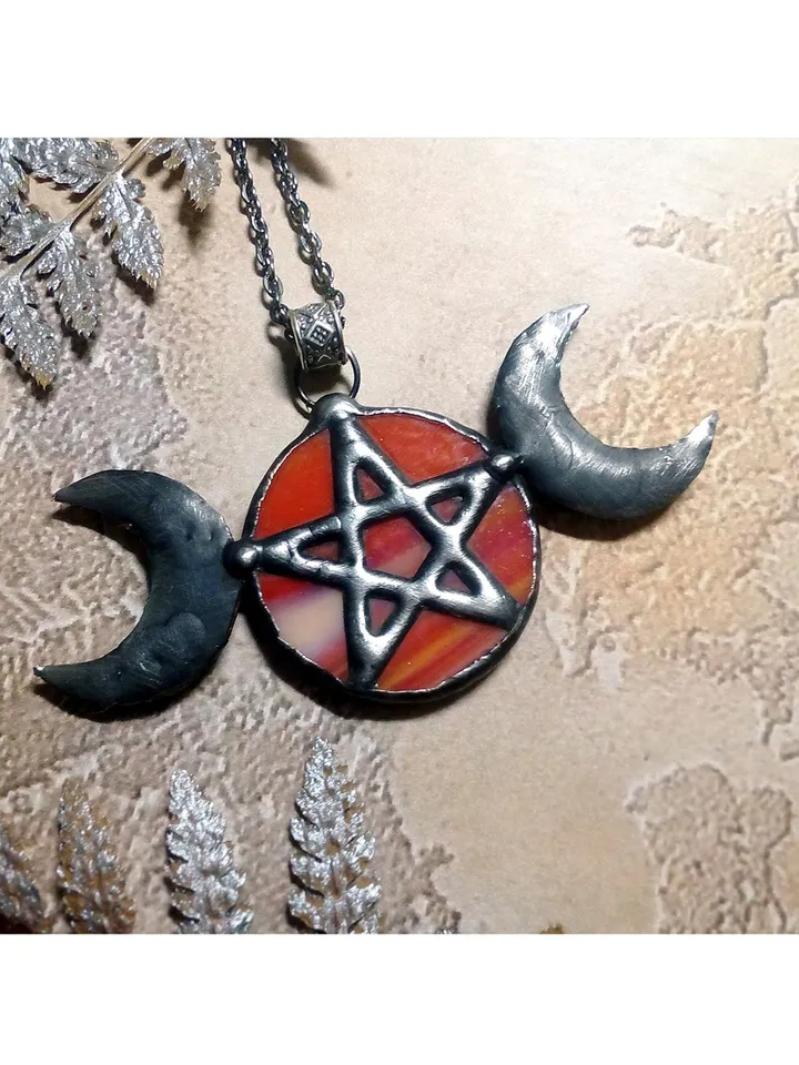 Hecate necklace, Pentacle, Moon Goddess, Stained glass moon, Moon phase necklace, Stainglass crescent, Full moon pendant