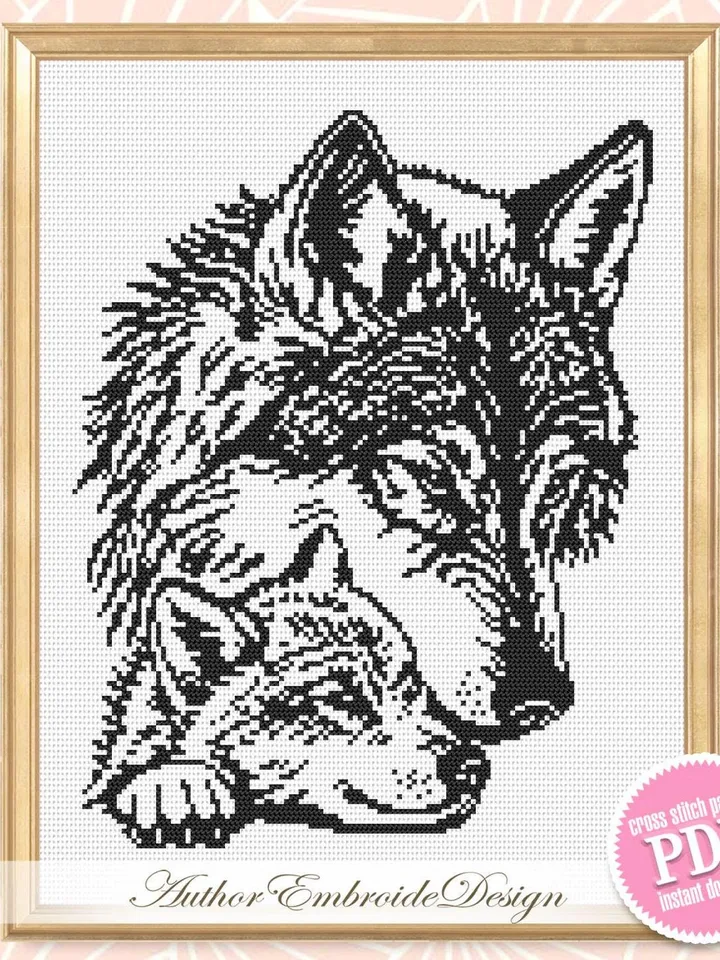 Mom and baby wolf cross stitch pattern PDf download Monochrome wolf silhouette cross stitch chart, Wolf pattern digital PDF, Home decor #K51