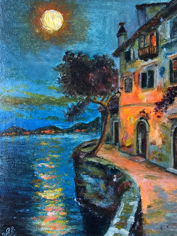Summer night original oil modern painting wall art 6x8 inches