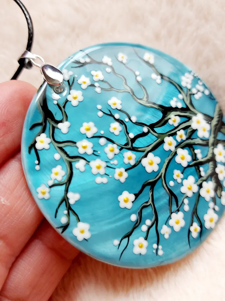 Pearl pendant necklace: Almond Blossoms by Vincent van Gogh on stylish mother of pearl necklace • Hand painted aesthetic pendant for women