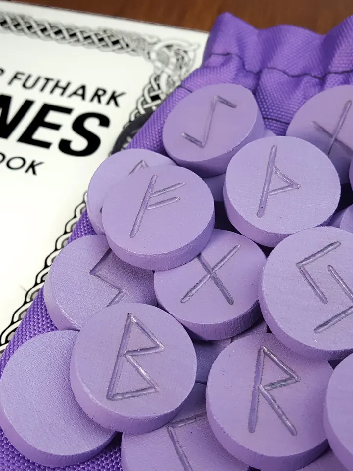 Mystical Purple Runes set & Divination Guide, Altar Divination Tools - Rune Set and Book, Rune Stones as Pagan Supplies: Wiccan & Wicca Runes Stones for Beginners, Witchy Gifts and Witchcraft Supplies
