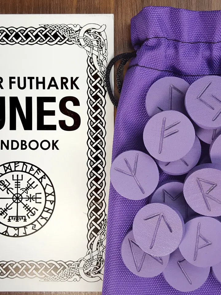 Mystical Purple Runes set & Divination Guide, Altar Divination Tools - Rune Set and Book, Rune Stones as Pagan Supplies: Wiccan & Wicca Runes Stones for Beginners, Witchy Gifts and Witchcraft Supplies