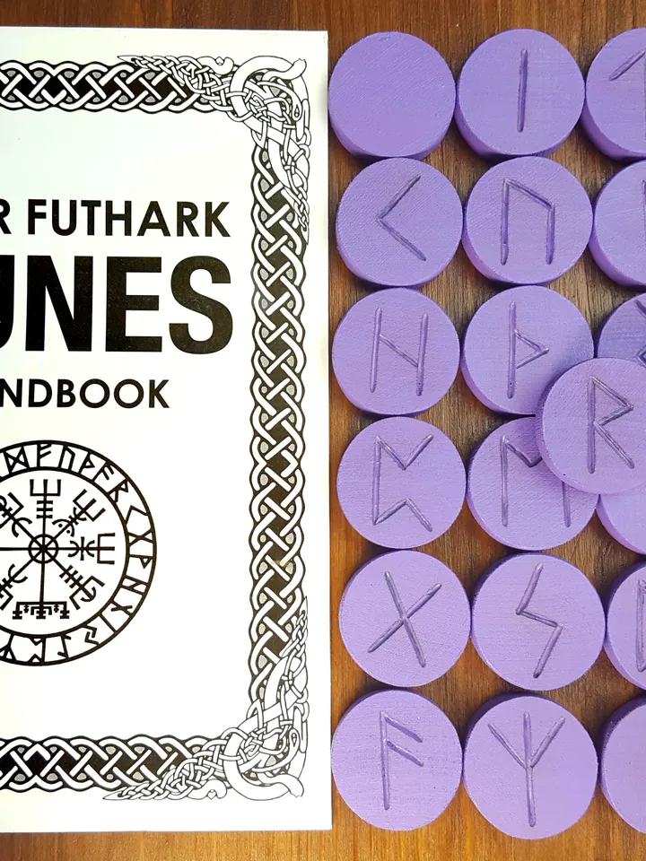 Mystical Purple Runes set & Divination Guide, Altar Divination Tools - Rune Set and Book, Rune Stones as Pagan Supplies: Wiccan & Wicca Runes Stones for Beginners, Witchy Gifts and Witchcraft Supplies