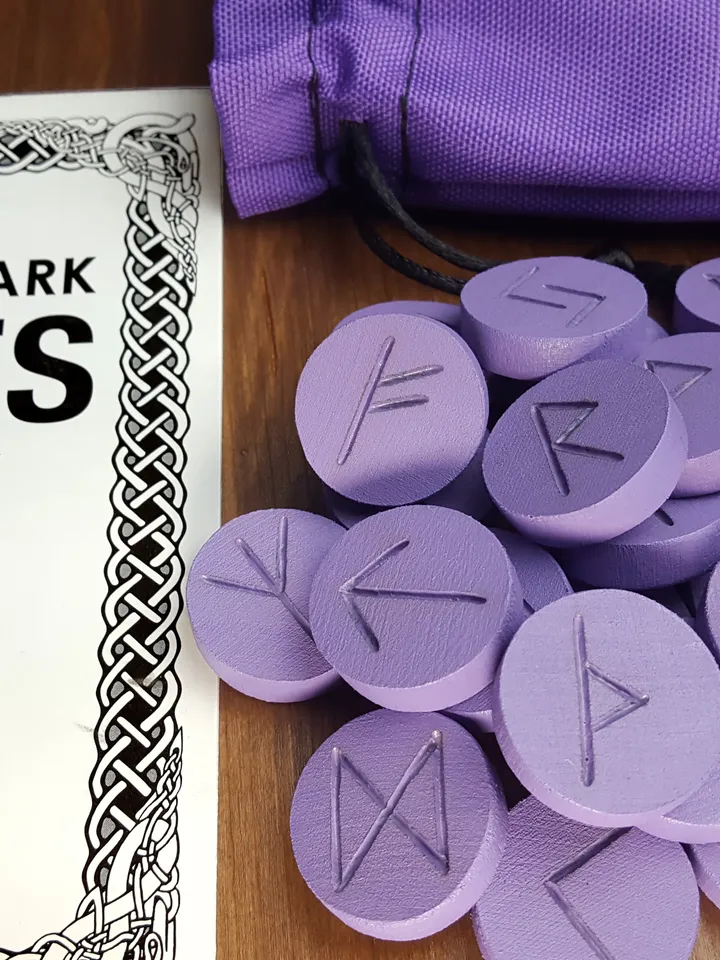 Mystical Purple Runes set & Divination Guide, Altar Divination Tools - Rune Set and Book, Rune Stones as Pagan Supplies: Wiccan & Wicca Runes Stones for Beginners, Witchy Gifts and Witchcraft Supplies