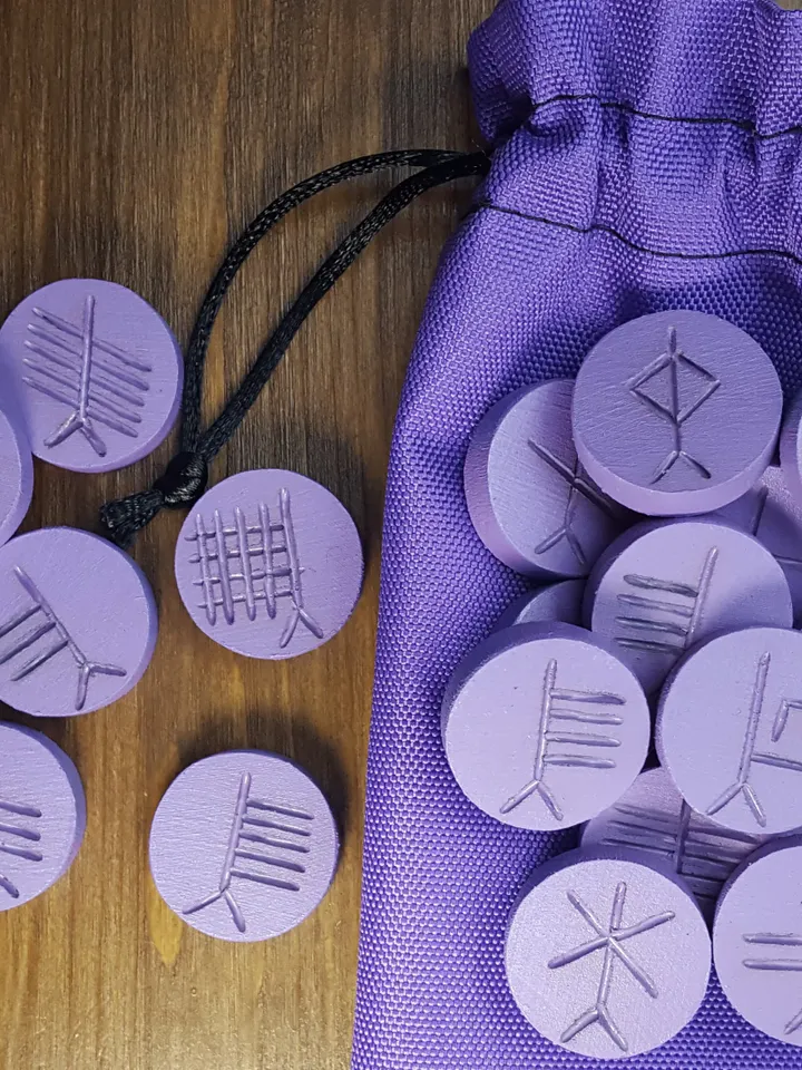 Mystical Purple Ogham Runes set, Runes Stones as Pagan Supplies: Wicca & Wiccan Rune Stones for Beginners, Altar Divination Tools - Norse Rune Set, Witchcraft Supplies and Witchy Gifts