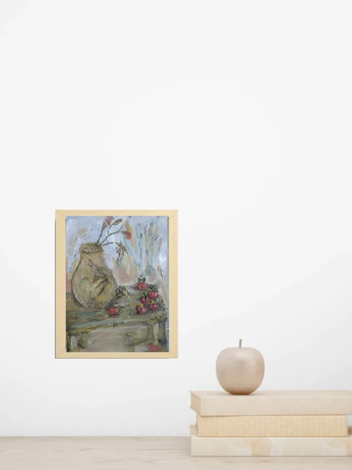 Oil painting with autumn apples and jug on table in garden, original painting on cardboard 10x7 inches