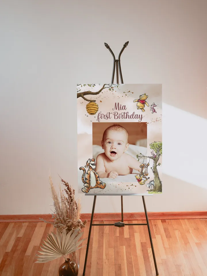 Editable Photoframe Board Hundred Acre Wood First Birthday party photoprop; Winnie the Pooh Party; Classic Pooh Party Birthday Download; wp6