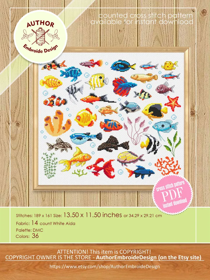 Aquarium fish cross stitch pattern PDF download Fishes sampler cross stitch, Tropical fish pattern digital PDF, Fish needlepoint canvas #K36