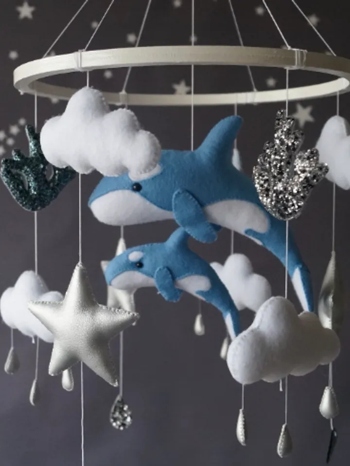 Whales baby mobile for nursery decor, hanging clouds and stars handmade hypoallergenic materials