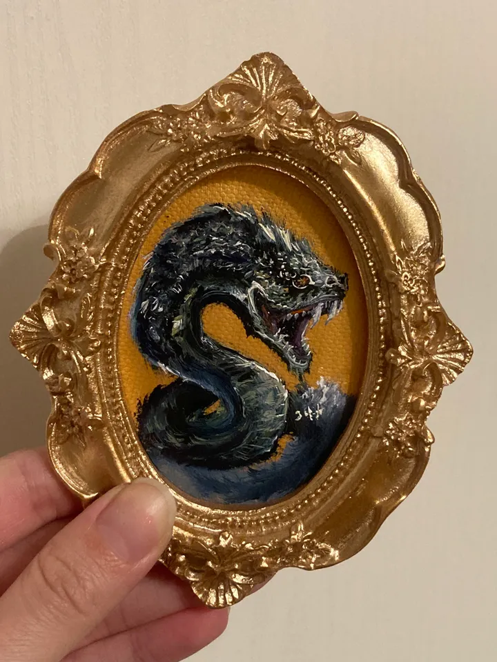 Basilisk Painting Small Original Oval Framed Art Witch Gifts Mini Gold Framed Decor, Mythical Creatures Art, Tiny Art Whimsigoth Decor