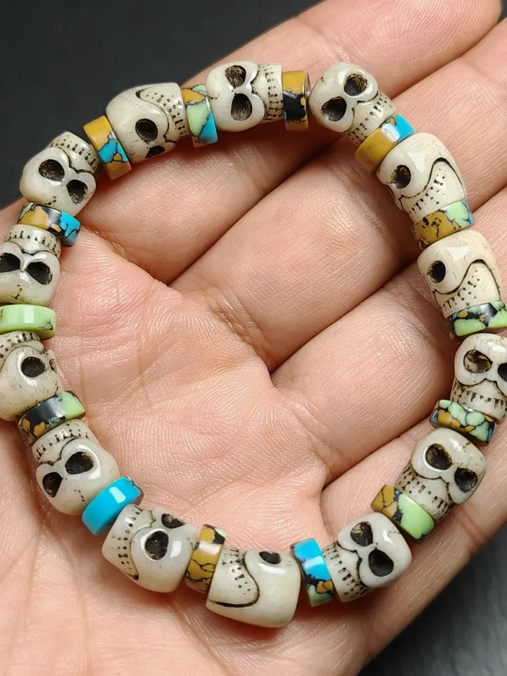 Authentic Tibetan Citipati Skulls Bead Bracelet | Unique Yak bone Carved Wrist Mala with Mixed Turquoise,Gandhanra Tibetan Jewelry