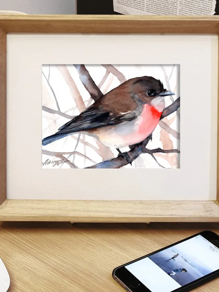 Little Red Robin original watercolor, birds painting, handmade wall decor, 5x7 in art for bird lovers by Anne Gorywine