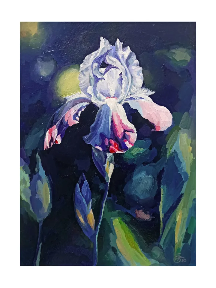 Painting with garden flowers, "Iris flower", original acrylic painting on cardboard 35x25cm