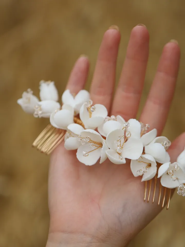 Gold Wedding hair accessories, Porcelain Flower Headpiece, Floral Bridal Headpiece, Rose Gold Hair Comb, Leaves Bridal Hair Accessories,