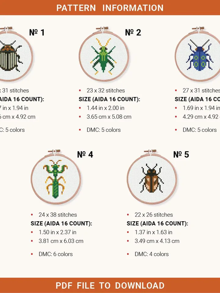 Bundle mini Insects 5 Cross stitch patterns, contemporary, Bug Beetle, Tiny Small, beginner, modern chart, gift DIY, embroidery, instant PDF