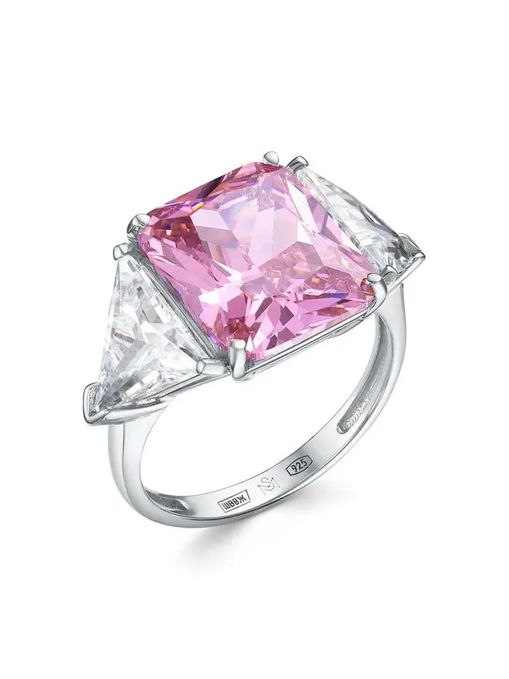 Ring silver 925 women's volumetric, ring with pink cubic zirconia