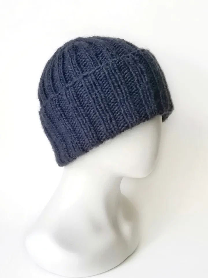 Exquisite Handmade Dark Blue Men's Warm Winter Beanie - Cozy Alpaca-Merino Wool Blend Knit Hat with Ribbed Texture. FREE SHIPPING!