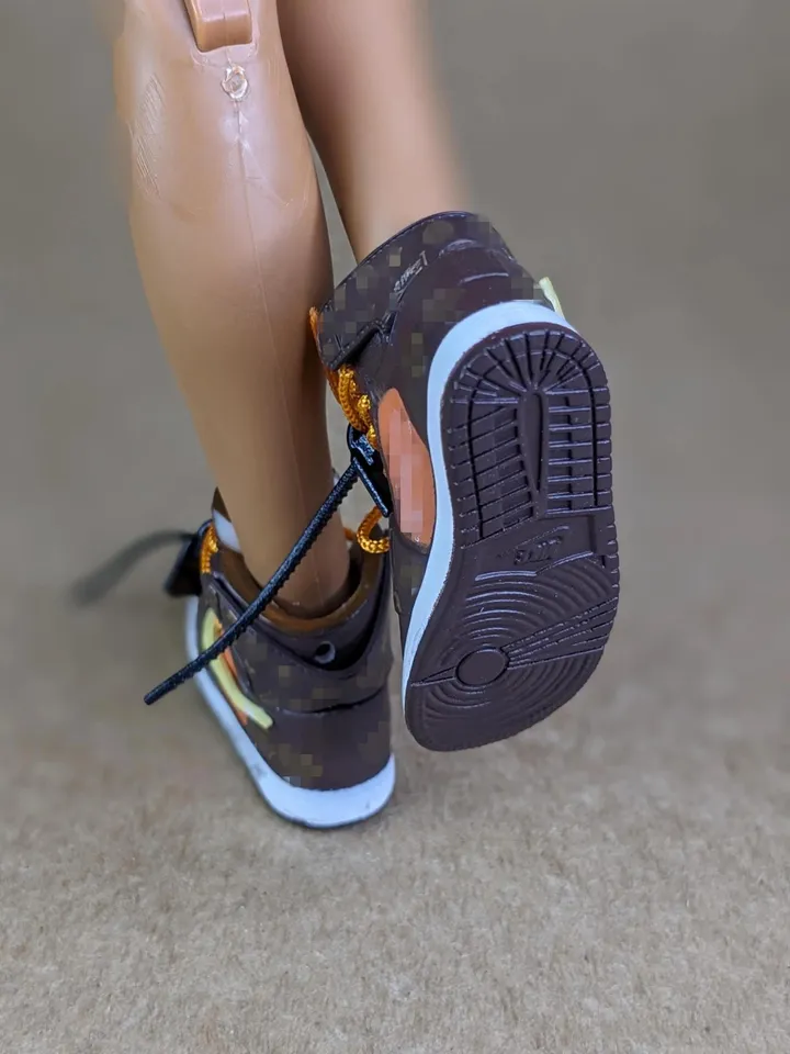 Premium brown & orange sneakers in box for 12 inch male dolls