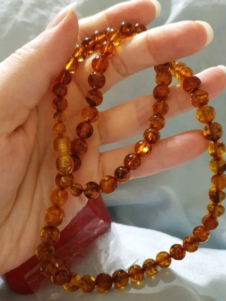 Baltic Amber Necklace Round Beads Cognac Genuine Natural Amber Jewelry Birthday Christmas Gift For Women Mom Gemstone Handmade Jewelry Holiday