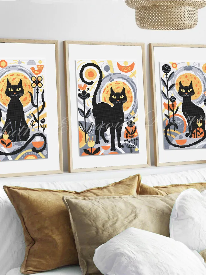Set of 3 Boho cat cross stitch pattern PDF download Boho cross stitch chart, Abstract pattern digital PDF, Black cat, Boho wall decor #K24