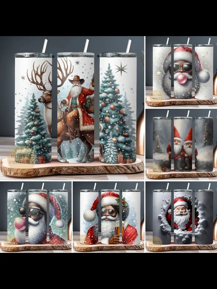 10 Christmas 20 Oz Tumbler Wrap png Bundle, Christmas Sublimation Designs for Tumbler, Christmas Skull with Santa Hat, Santa with Bubble Gum