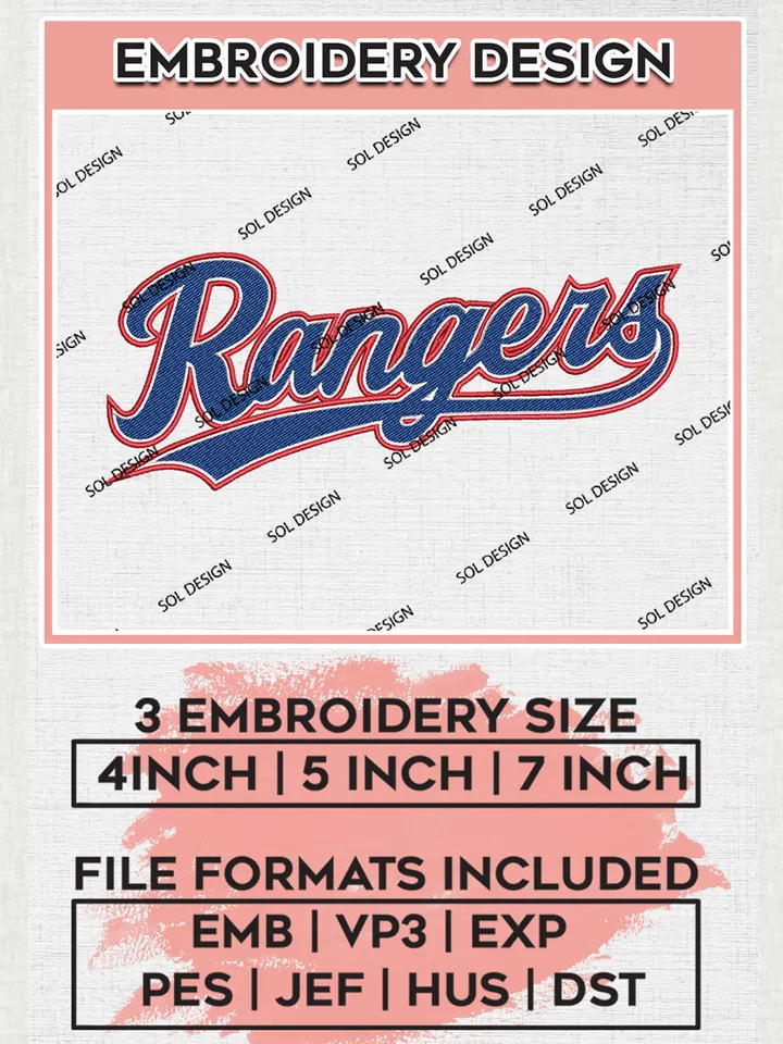 MLB Rangers Wordmark Logo Embroidery Files, MLB Texas Rangers Team Embroidery, MLB Teams, 3 sizes, MLB Machine embroidery designs, Digital Download