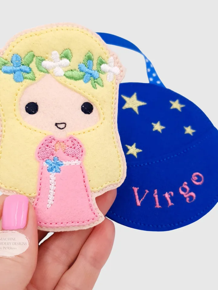 ITH Virgo Zodiac Finger Puppet & Bag Embroidery Design, Maiden Star Sign Toy, 4x4 Hoop Christmas Ornament File